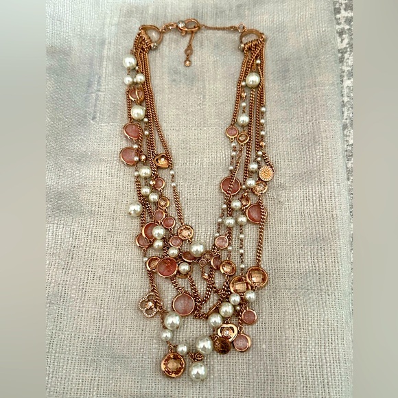 Brilliant HENRI BENDEL Multi Strand Necklace Rose Gold Swarovski Dangles EUC - Picture 2 of 16
